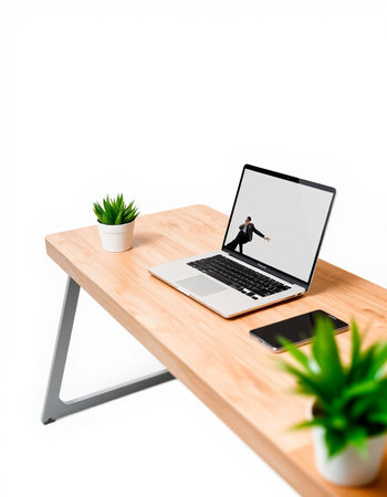 Laptop on wooden table isolated on white background.