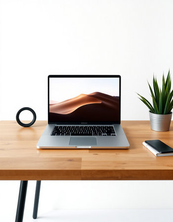 Laptop on the table in front of white wall. 3d rendering.