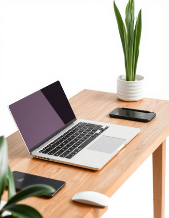 Office workplace with laptop, smartphone and plants on wooden table isolated on white