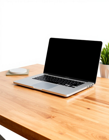 Laptop computer with blank screen on wooden desk isolated on white background