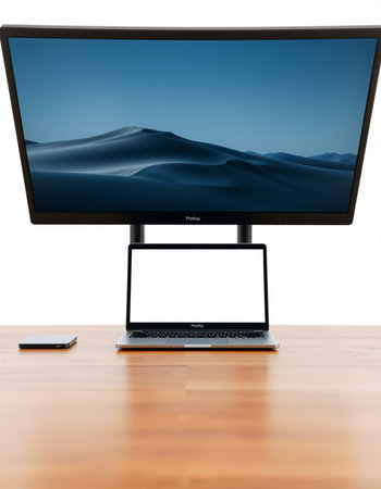Computer with blank screen isolated on white background. 3D illustration.の写真素材