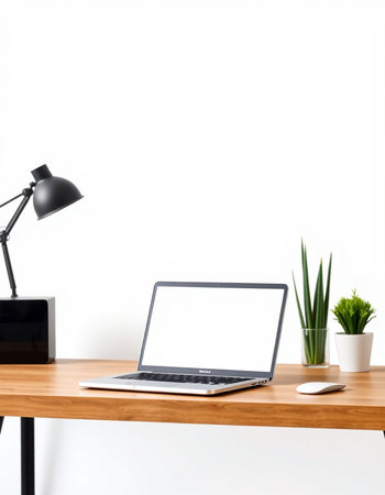 Laptop with blank screen on wooden desk in front of white wall