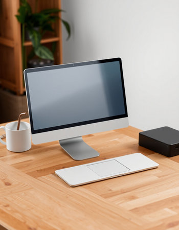 workplace with modern computer and stationery on wooden table in office
