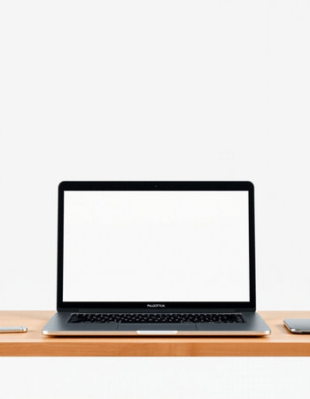 Laptop computer with blank screen on wooden table and white wall background