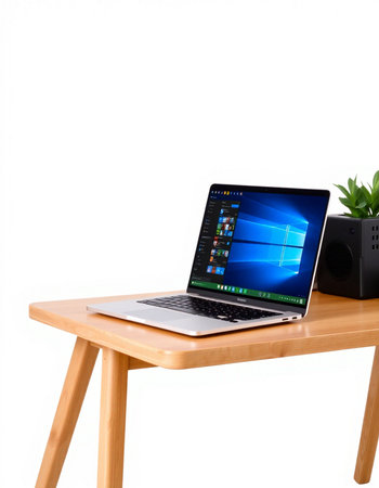 Laptop on a wooden table with a speaker and a green plant