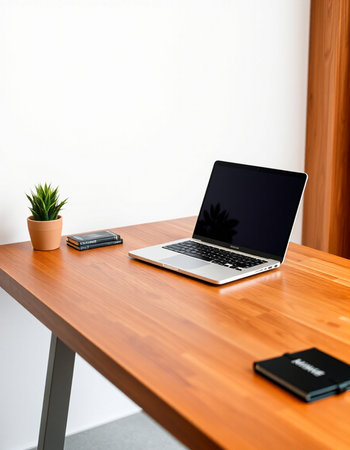 Laptop and notebook on the wooden table with white wall background.