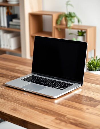 Laptop with blank screen on wooden table in office. Mockup