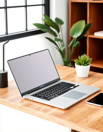 Laptop with blank screen on wooden table in modern office. Mock up