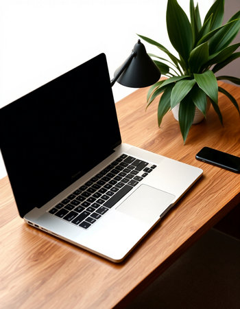 Laptop and smartphone on wooden table in office. Workplace concept.の写真素材