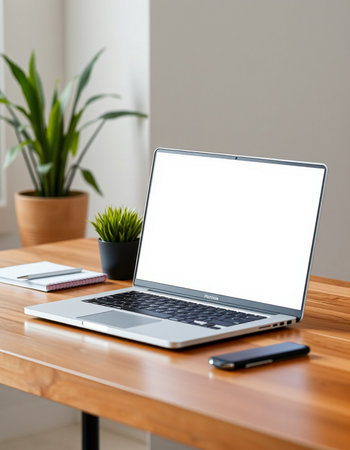 Laptop with blank screen on wood table in office, stock photoの写真素材