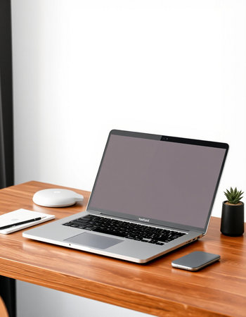Laptop with blank screen on wooden table. 3D rendering.