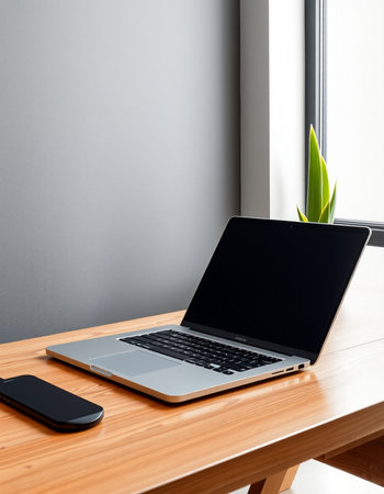 Laptop with black screen on wooden table in modern office, stock photo