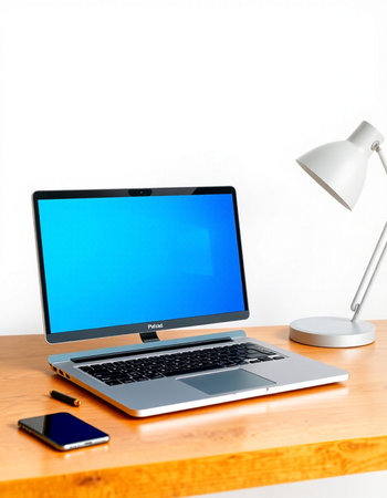 Laptop computer with blue screen on wood table and lamp on white wall background