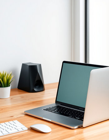 Laptop and keyboard on wooden table in office. Workplace concept