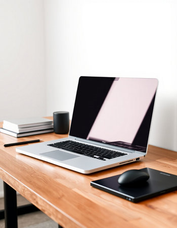 laptop with blank screen and coffee cup on wooden table in officeの写真素材