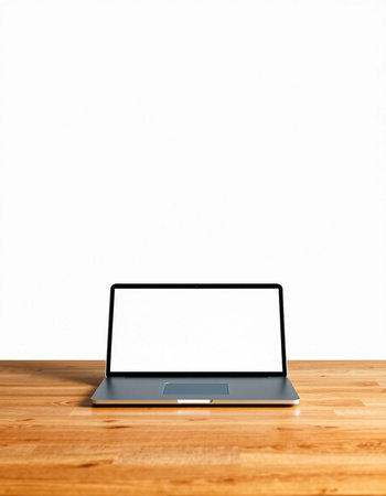 Laptop with blank screen on wooden table and white wall background.の写真素材