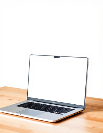 Laptop with blank screen on wood table and white wall background.