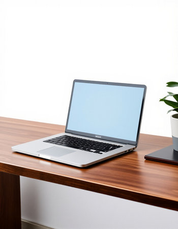 Laptop on a wooden table with a white wall in the background