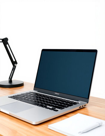 Laptop with blank screen on wooden table and lamp on white background
