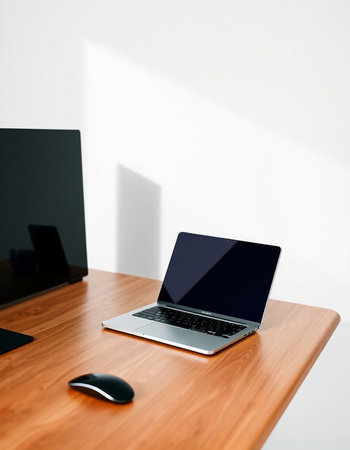 Laptop on a wooden desk with a black screen and a mouse.の写真素材
