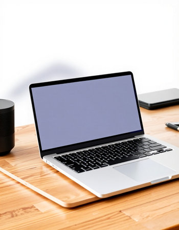 Laptop with blank screen on a wooden table with a white background