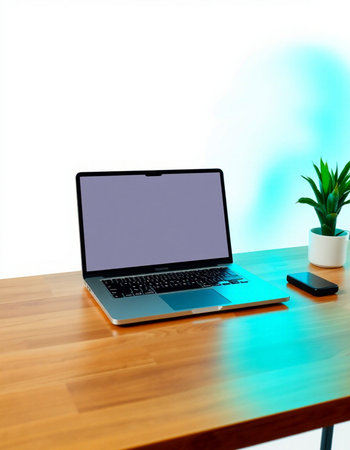 Laptop with blank screen on wooden table at home office, stock photo