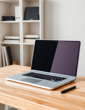 Laptop with blank screen on wooden table in modern office. Mock up