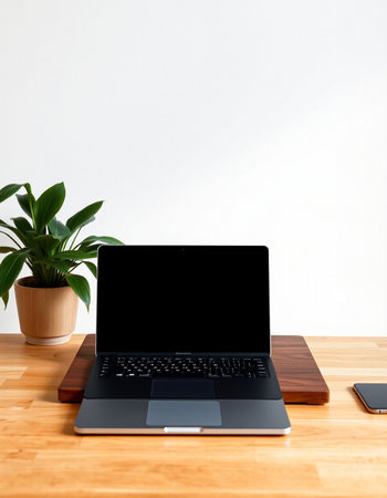 Laptop with blank screen on wooden table and white wall background.の写真素材