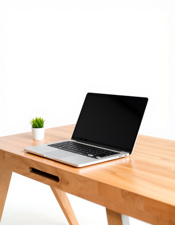 Laptop on wood table with white wall background. 3d rendering.の写真素材