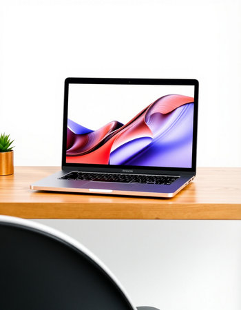 Laptop on wooden table and white wall background. 3d rendering.