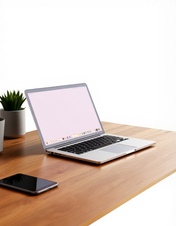 laptop computer with blank screen on wooden table isolated on white background