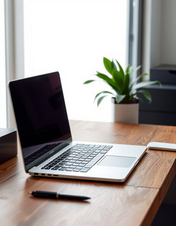 Laptop on a table in a modern office with a plant in a pot
