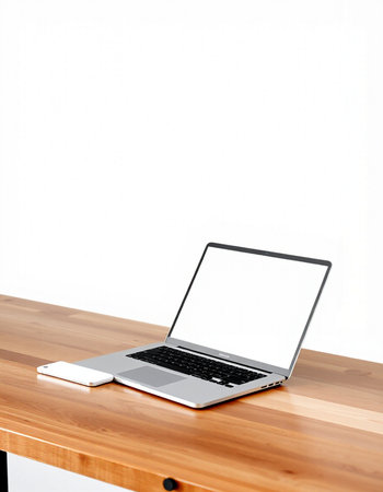 Laptop with blank screen on wooden table and white wall background.