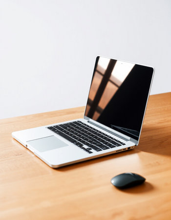 Laptop on wooden table with white wall background and copy space.