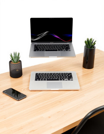 Modern office desk with laptop, smartphone and cactus isolated on white