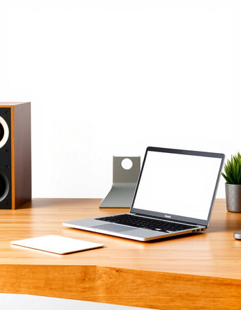 Laptop with blank screen on wooden desk and speaker on white backgroundの写真素材