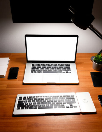 Laptop with white screen on wood desk in modern office, stock photo