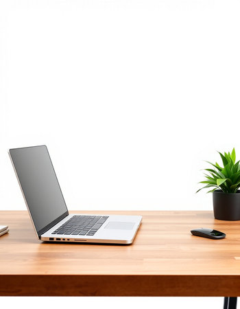 Laptop on wooden table with white wall background. 3d rendering.