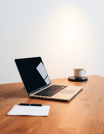 Laptop and coffee cup on wooden table in office, stock photoの写真素材