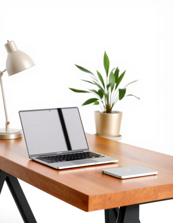 Modern workspace with laptop, smartphone and plant on table isolated on whiteの写真素材