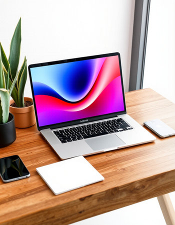 Modern workspace with laptop, smartphone and plant. 3d rendering.