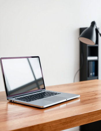 Laptop on a wooden table in a room with a modern interior