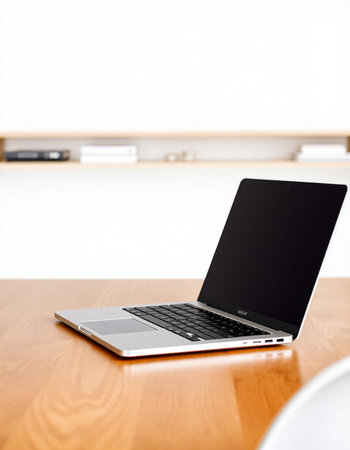 Laptop on a wooden table with a white wall in the background
