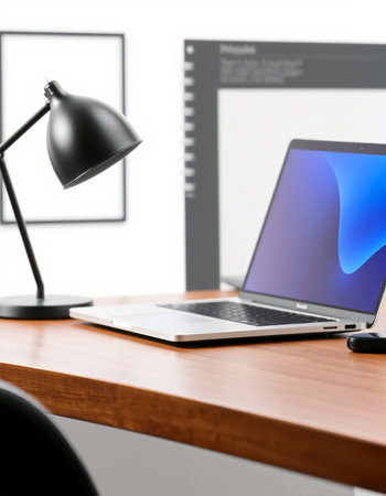 Close up of modern designer desktop with laptop, smartphone and other itemsの写真素材