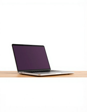 Laptop with purple screen on wooden shelf isolated on white background.