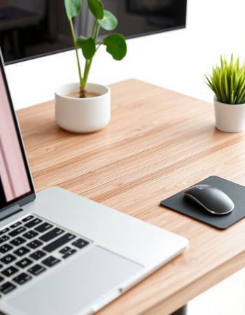 Laptop computer on a wooden table with a plant in a potの写真素材
