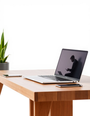 Laptop on wooden table with blank screen for your text or imageの写真素材