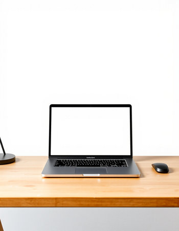 Laptop computer with blank screen on wooden table and white wall background