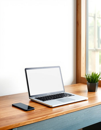 Laptop with blank screen and smartphone on wooden table in front of window