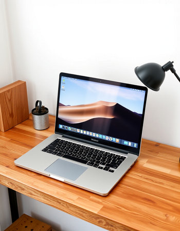 Laptop on a wooden shelf in a room. 3d rendering
